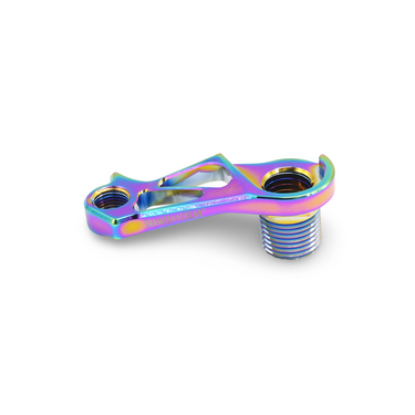 Close-up view of a Oilslick Cervelo disc brake direct mount derailleur hanger, highlighting its CNC machined aluminum construction.