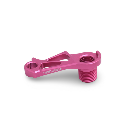Close-up view of a Pink Cervelo disc brake direct mount derailleur hanger, highlighting its CNC machined aluminum construction.