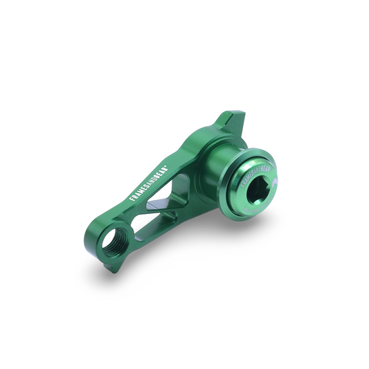 Green universal derailleur hanger for Shimano drivetrains and UDH system