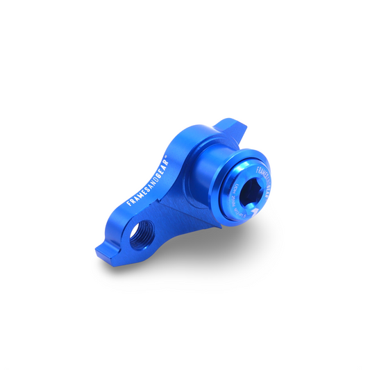 Blue UDH derailleur hanger for SRAM drivetrains and M12 thru-axle compatibility